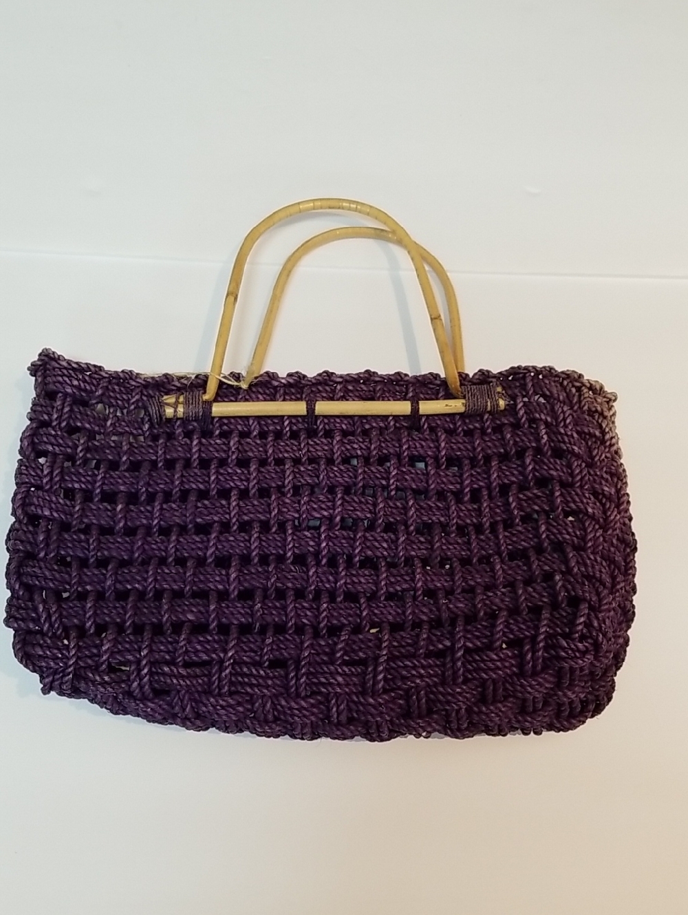 Handwoven Purple Woven Tote Bag with Bamboo Handles